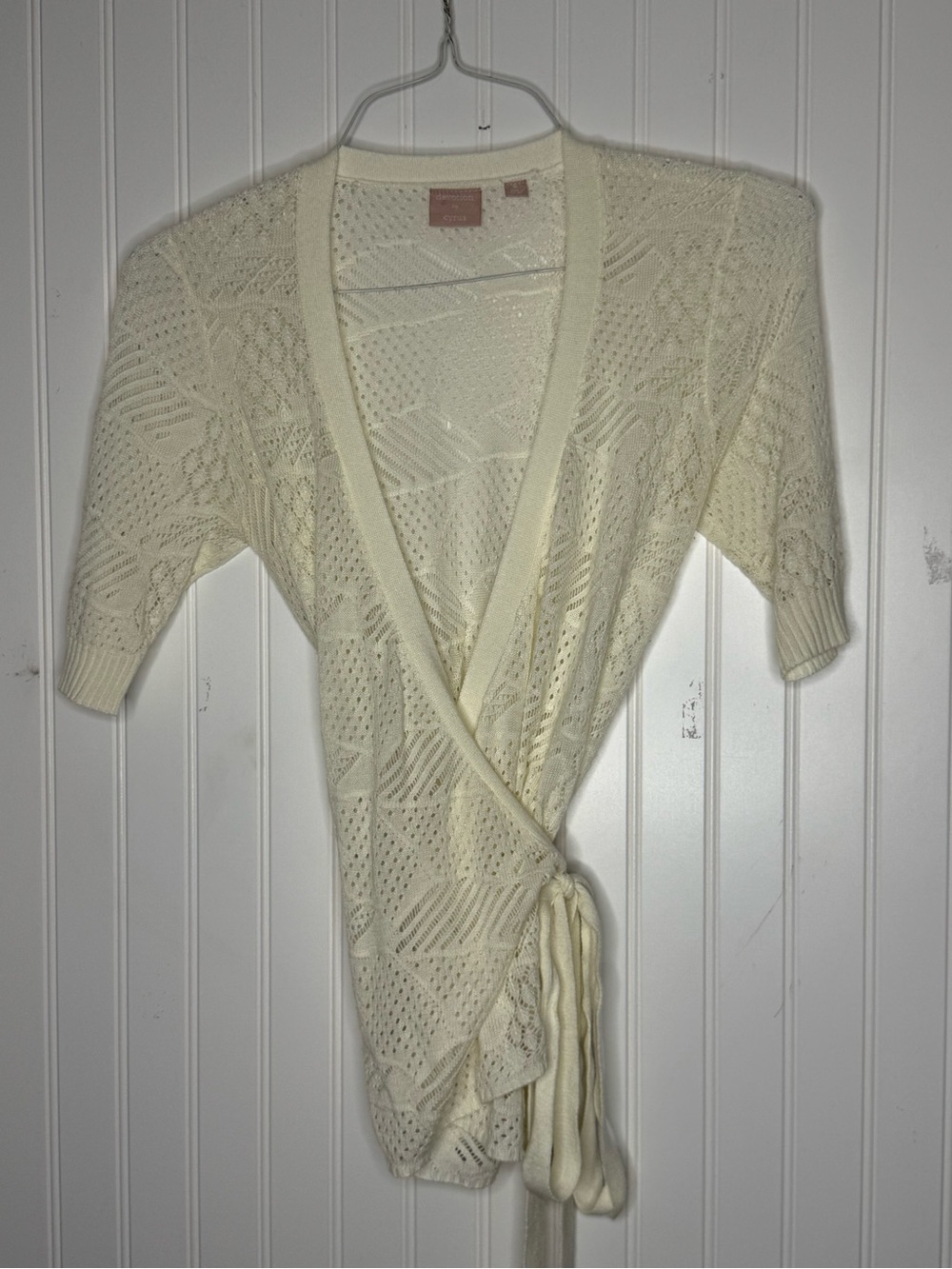 Devotion by Cyrus Ivory Sheer Crochet Wrap Top with Tie Size Small